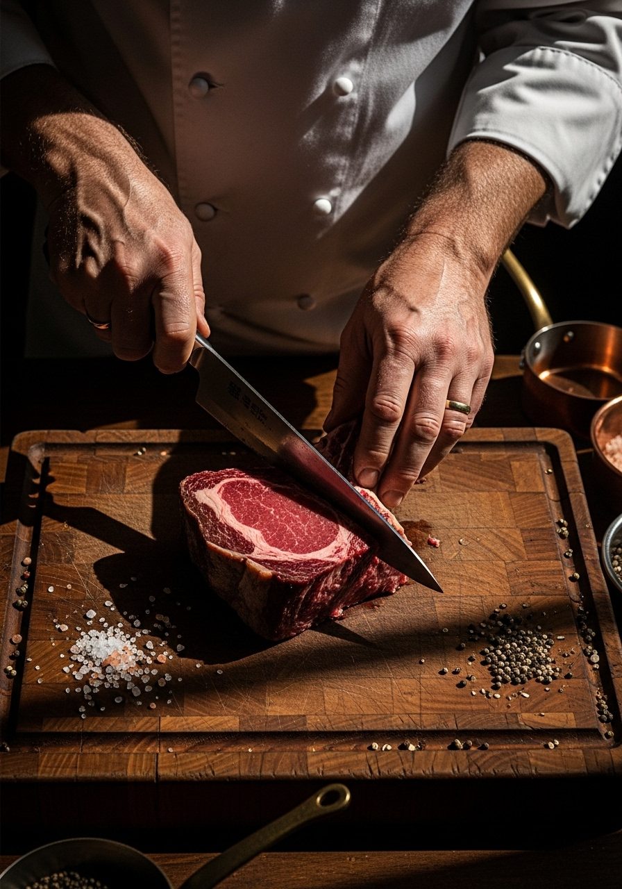 Chef cortando carne madurada