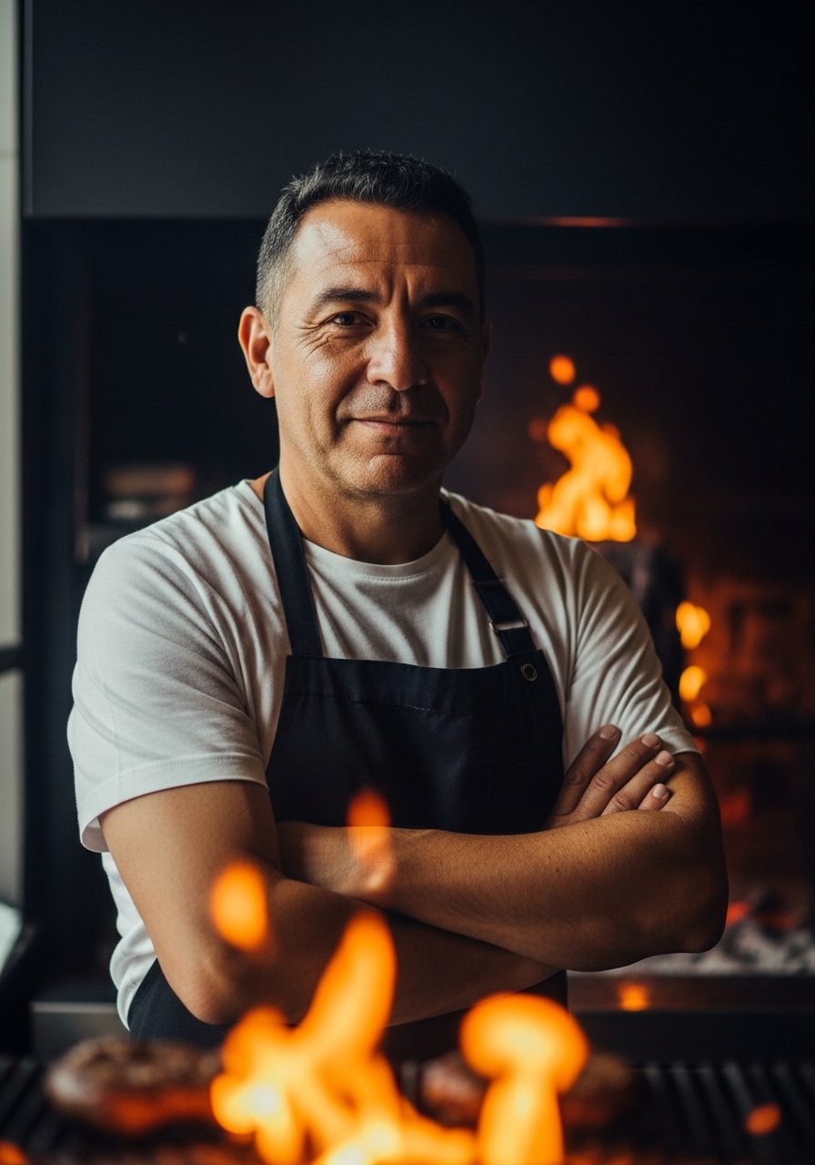Chef en su cocina junto a la parrilla
